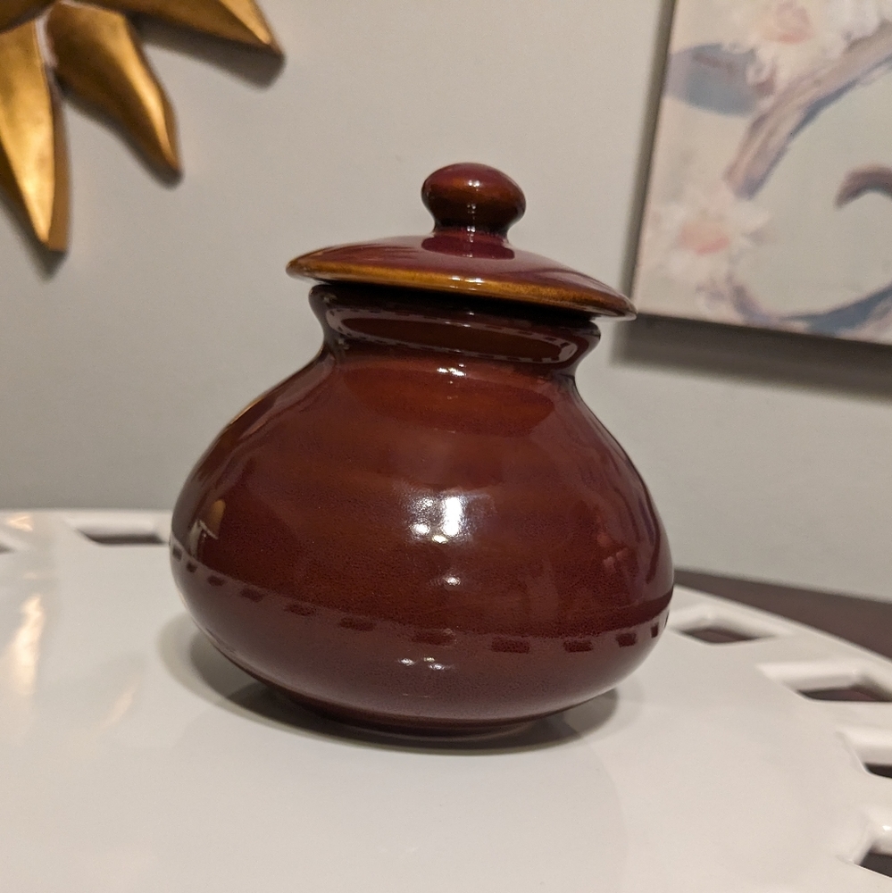 Mini Urn Pottery Swirl Stoneware Jar Lidded Shiny 4" Tall Brown Glaze Ruff Hewn